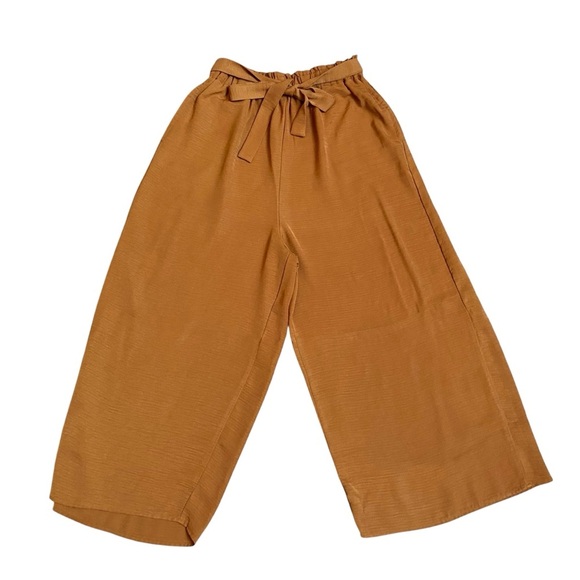 Mango Mustard Brown High Rise Tie Waist Wide Leg Crop Pants Medium - Picture 4 of 13
